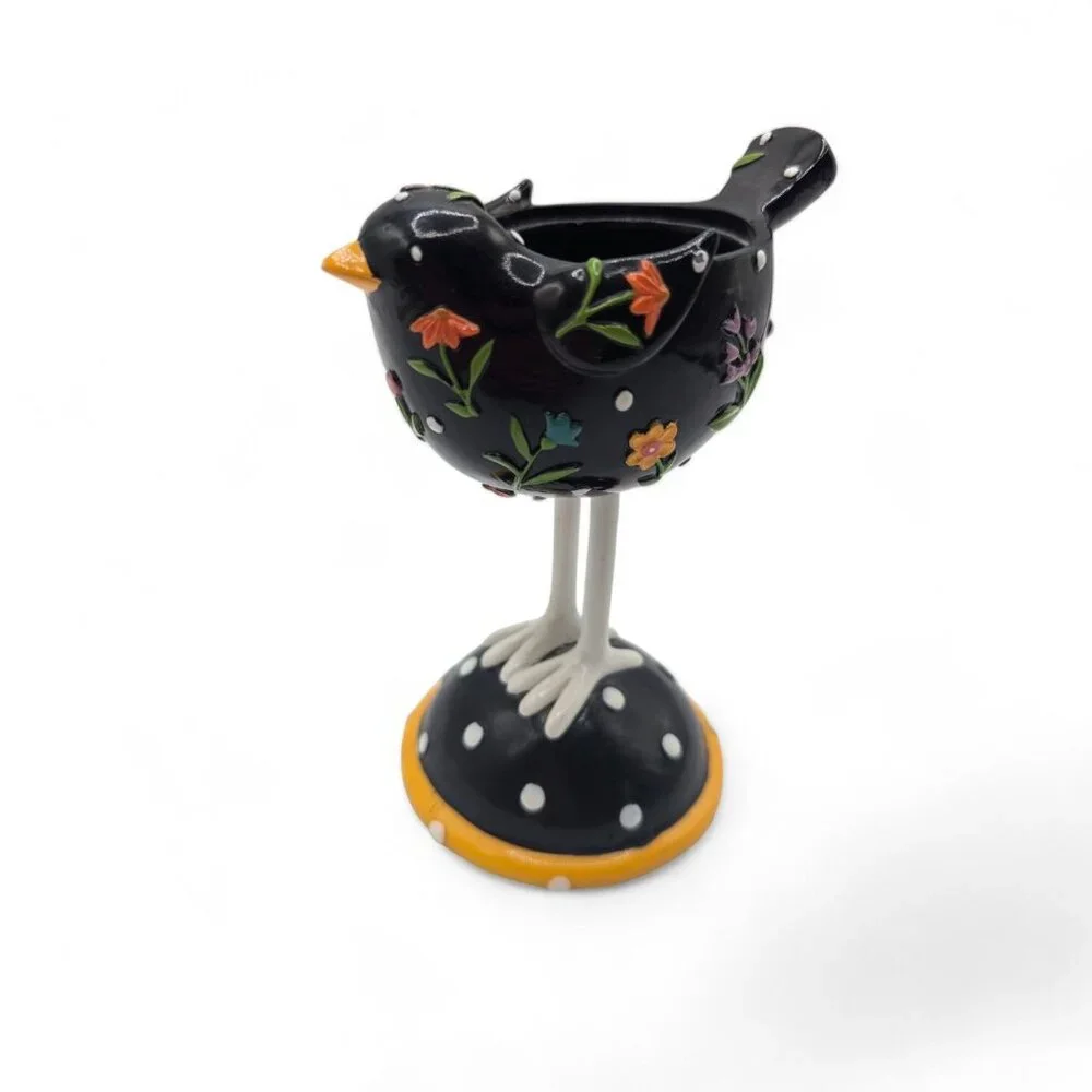Yankee Candle Black Bird Long Legs Votive Candle Holder With Folk Art Floral Des